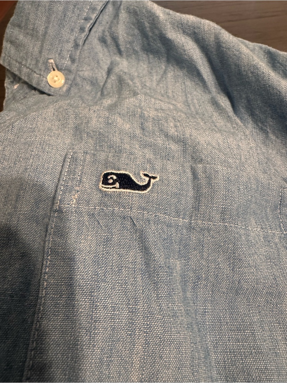 Vineyard Vines Chambray Blue Button-Down Shirt with Whale Patch